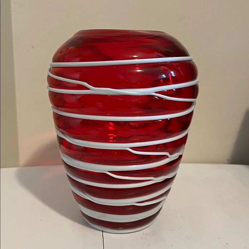 Vase - THICK Red Glass w White Inlaid Swirls - Lovely & Unusual - Vintage